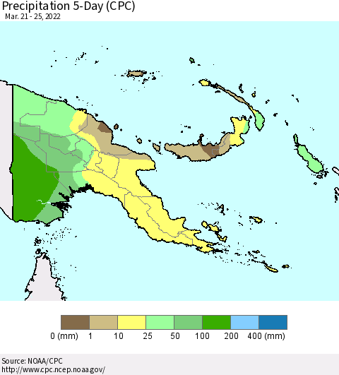 Papua New Guinea Precipitation 5-Day (CPC) Thematic Map For 3/21/2022 - 3/25/2022