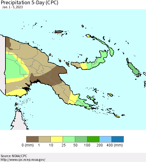 Papua New Guinea Precipitation 5-Day (CPC) Thematic Map For 1/1/2023 - 1/5/2023