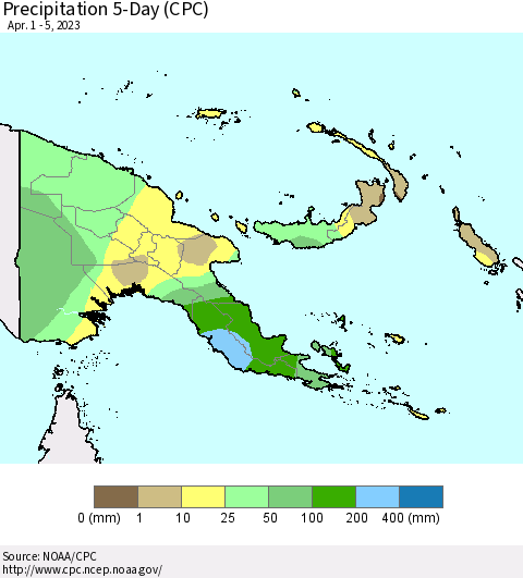 Papua New Guinea Precipitation 5-Day (CPC) Thematic Map For 4/1/2023 - 4/5/2023