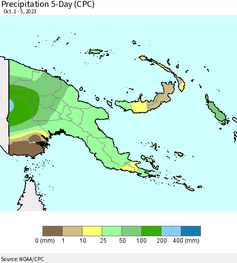 Papua New Guinea Precipitation 5-Day (CPC) Thematic Map For 10/1/2023 - 10/5/2023