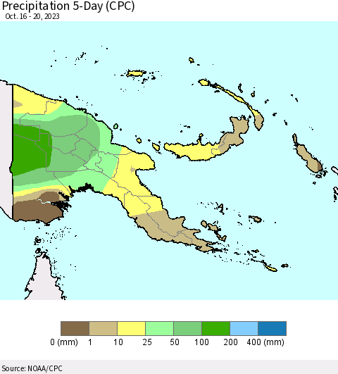 Papua New Guinea Precipitation 5-Day (CPC) Thematic Map For 10/16/2023 - 10/20/2023