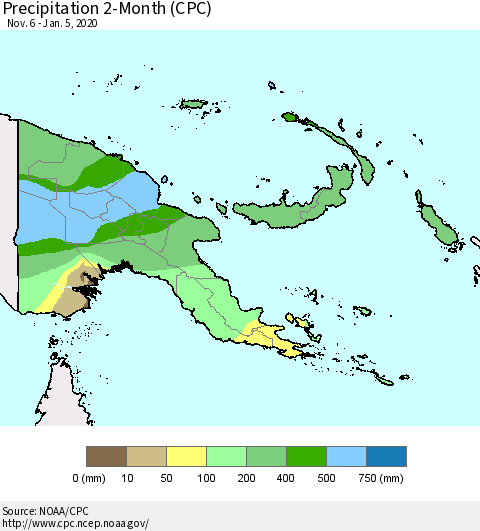 Papua New Guinea Precipitation 2-Month (CPC) Thematic Map For 11/6/2019 - 1/5/2020