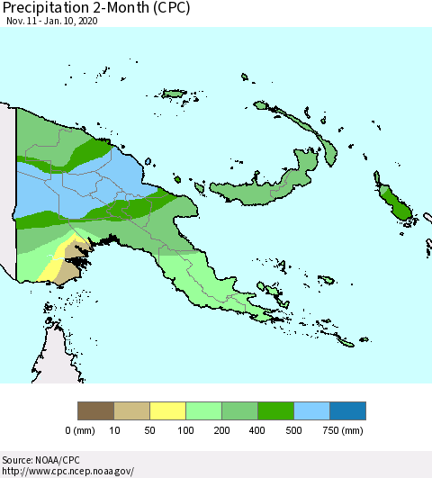 Papua New Guinea Precipitation 2-Month (CPC) Thematic Map For 11/11/2019 - 1/10/2020
