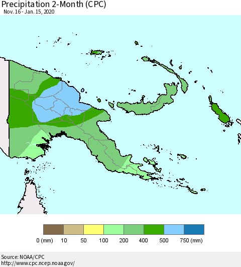 Papua New Guinea Precipitation 2-Month (CPC) Thematic Map For 11/16/2019 - 1/15/2020