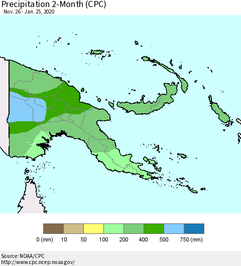 Papua New Guinea Precipitation 2-Month (CPC) Thematic Map For 11/26/2019 - 1/25/2020