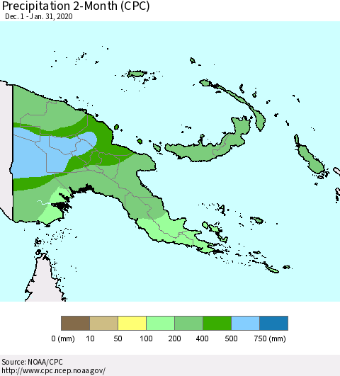 Papua New Guinea Precipitation 2-Month (CPC) Thematic Map For 12/1/2019 - 1/31/2020