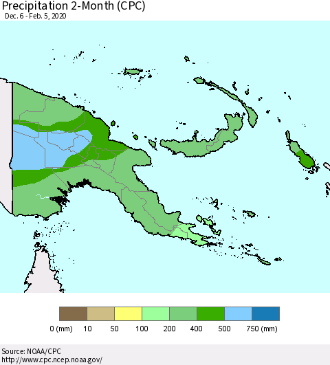 Papua New Guinea Precipitation 2-Month (CPC) Thematic Map For 12/6/2019 - 2/5/2020