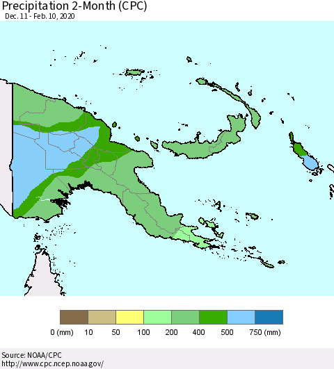 Papua New Guinea Precipitation 2-Month (CPC) Thematic Map For 12/11/2019 - 2/10/2020