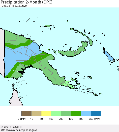 Papua New Guinea Precipitation 2-Month (CPC) Thematic Map For 12/16/2019 - 2/15/2020