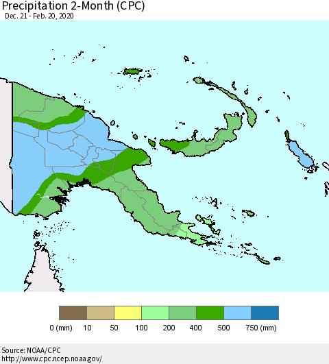 Papua New Guinea Precipitation 2-Month (CPC) Thematic Map For 12/21/2019 - 2/20/2020