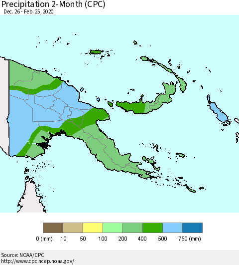 Papua New Guinea Precipitation 2-Month (CPC) Thematic Map For 12/26/2019 - 2/25/2020
