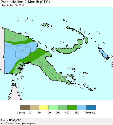 Papua New Guinea Precipitation 2-Month (CPC) Thematic Map For 1/1/2020 - 2/29/2020