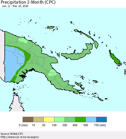 Papua New Guinea Precipitation 2-Month (CPC) Thematic Map For 1/11/2020 - 3/10/2020