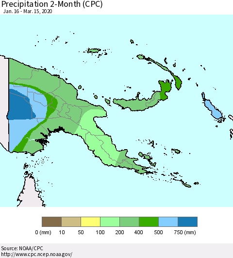 Papua New Guinea Precipitation 2-Month (CPC) Thematic Map For 1/16/2020 - 3/15/2020