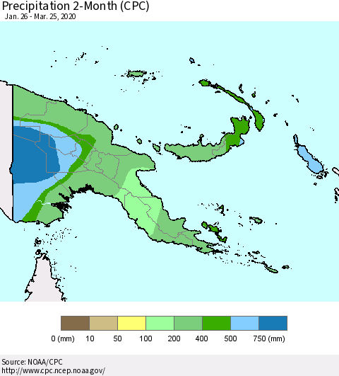 Papua New Guinea Precipitation 2-Month (CPC) Thematic Map For 1/26/2020 - 3/25/2020