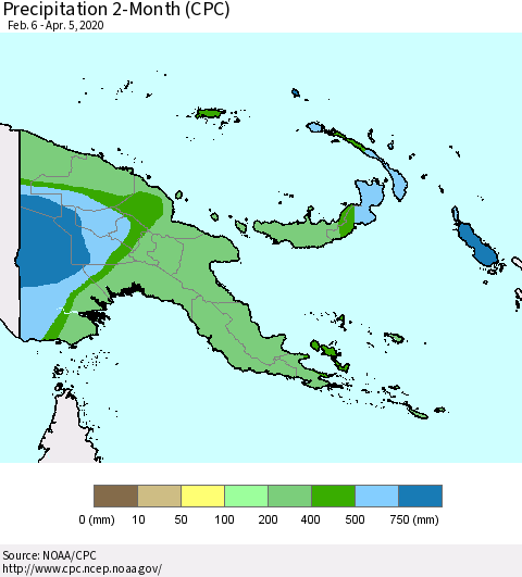Papua New Guinea Precipitation 2-Month (CPC) Thematic Map For 2/6/2020 - 4/5/2020