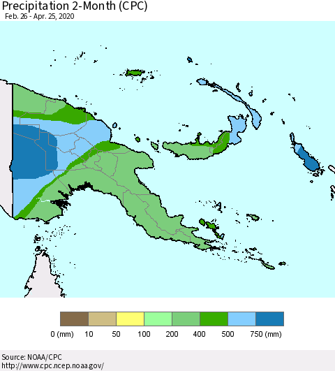 Papua New Guinea Precipitation 2-Month (CPC) Thematic Map For 2/26/2020 - 4/25/2020