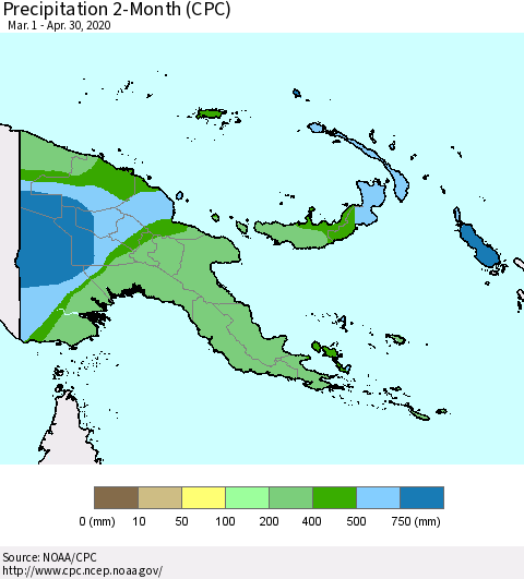 Papua New Guinea Precipitation 2-Month (CPC) Thematic Map For 3/1/2020 - 4/30/2020