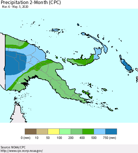 Papua New Guinea Precipitation 2-Month (CPC) Thematic Map For 3/6/2020 - 5/5/2020