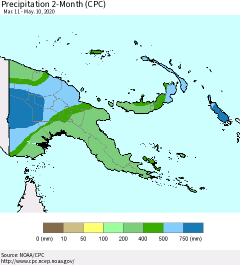 Papua New Guinea Precipitation 2-Month (CPC) Thematic Map For 3/11/2020 - 5/10/2020