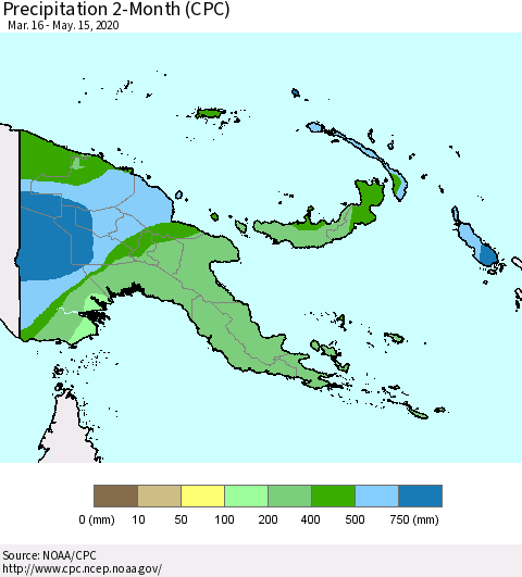 Papua New Guinea Precipitation 2-Month (CPC) Thematic Map For 3/16/2020 - 5/15/2020