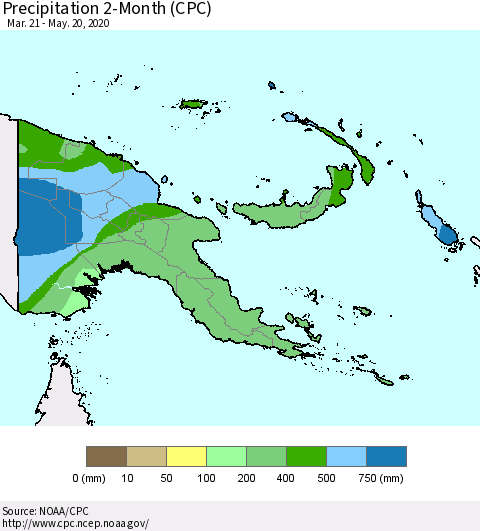 Papua New Guinea Precipitation 2-Month (CPC) Thematic Map For 3/21/2020 - 5/20/2020