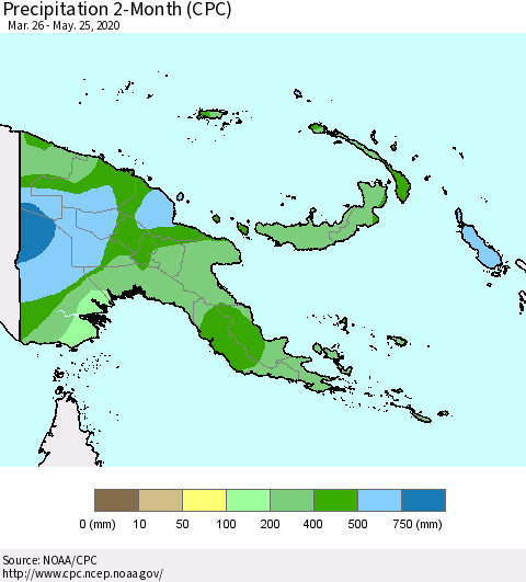 Papua New Guinea Precipitation 2-Month (CPC) Thematic Map For 3/26/2020 - 5/25/2020