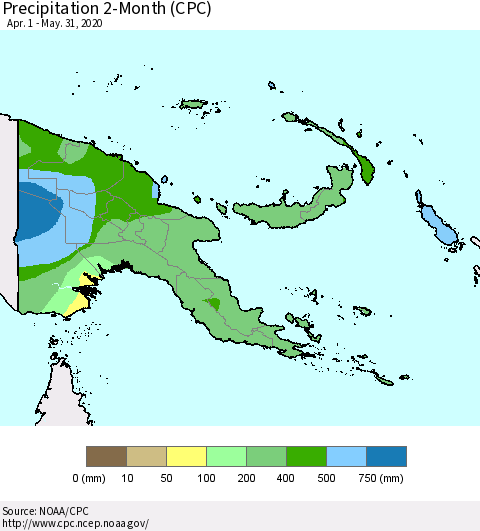 Papua New Guinea Precipitation 2-Month (CPC) Thematic Map For 4/1/2020 - 5/31/2020