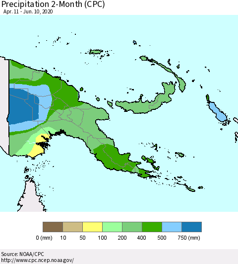 Papua New Guinea Precipitation 2-Month (CPC) Thematic Map For 4/11/2020 - 6/10/2020