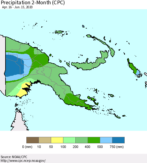 Papua New Guinea Precipitation 2-Month (CPC) Thematic Map For 4/16/2020 - 6/15/2020