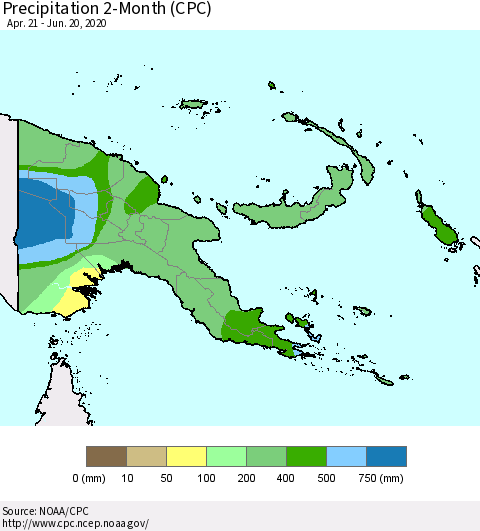 Papua New Guinea Precipitation 2-Month (CPC) Thematic Map For 4/21/2020 - 6/20/2020