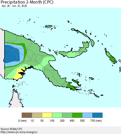 Papua New Guinea Precipitation 2-Month (CPC) Thematic Map For 4/26/2020 - 6/25/2020
