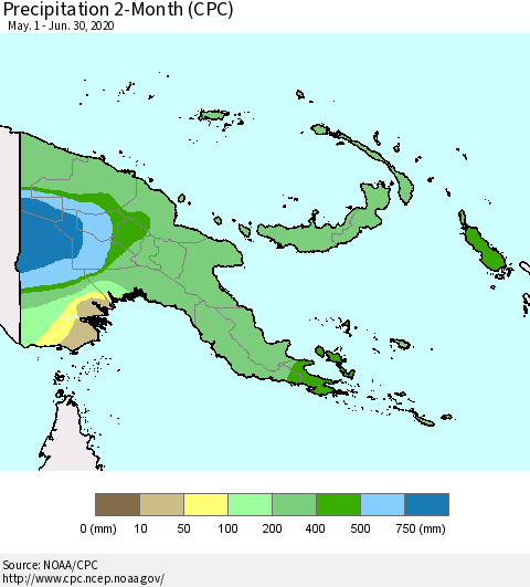 Papua New Guinea Precipitation 2-Month (CPC) Thematic Map For 5/1/2020 - 6/30/2020
