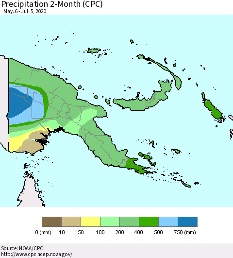 Papua New Guinea Precipitation 2-Month (CPC) Thematic Map For 5/6/2020 - 7/5/2020