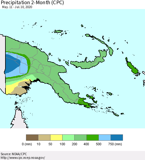Papua New Guinea Precipitation 2-Month (CPC) Thematic Map For 5/11/2020 - 7/10/2020
