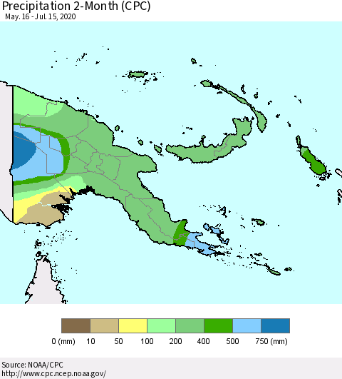 Papua New Guinea Precipitation 2-Month (CPC) Thematic Map For 5/16/2020 - 7/15/2020