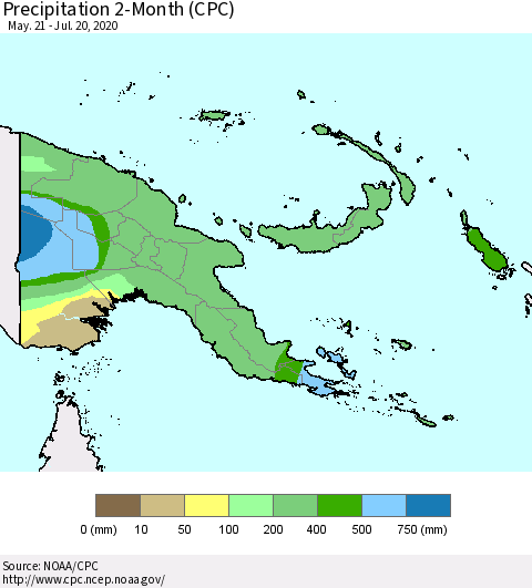 Papua New Guinea Precipitation 2-Month (CPC) Thematic Map For 5/21/2020 - 7/20/2020