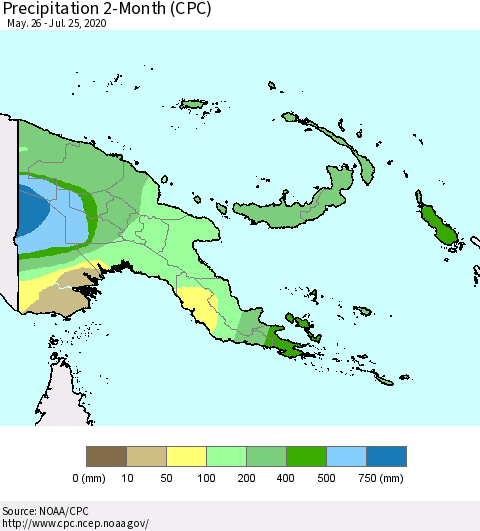 Papua New Guinea Precipitation 2-Month (CPC) Thematic Map For 5/26/2020 - 7/25/2020