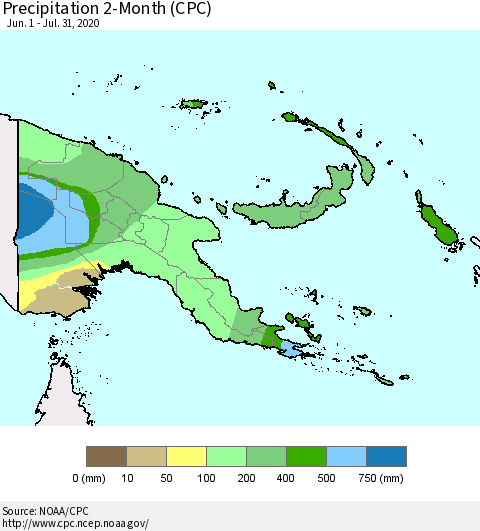 Papua New Guinea Precipitation 2-Month (CPC) Thematic Map For 6/1/2020 - 7/31/2020