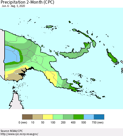 Papua New Guinea Precipitation 2-Month (CPC) Thematic Map For 6/6/2020 - 8/5/2020