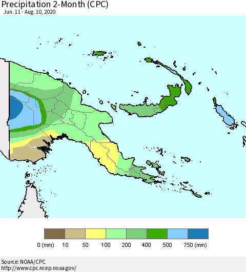Papua New Guinea Precipitation 2-Month (CPC) Thematic Map For 6/11/2020 - 8/10/2020
