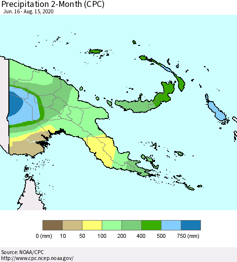 Papua New Guinea Precipitation 2-Month (CPC) Thematic Map For 6/16/2020 - 8/15/2020