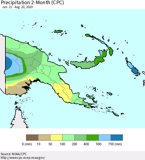 Papua New Guinea Precipitation 2-Month (CPC) Thematic Map For 6/21/2020 - 8/20/2020