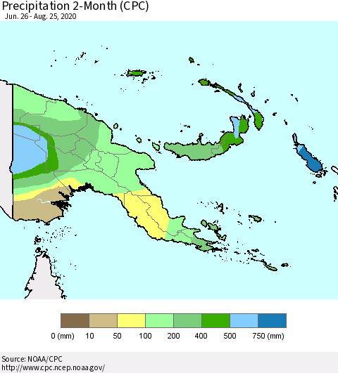 Papua New Guinea Precipitation 2-Month (CPC) Thematic Map For 6/26/2020 - 8/25/2020