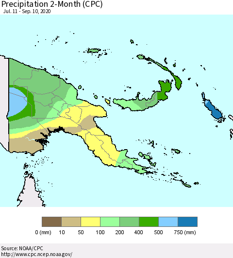 Papua New Guinea Precipitation 2-Month (CPC) Thematic Map For 7/11/2020 - 9/10/2020
