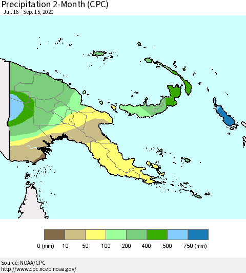 Papua New Guinea Precipitation 2-Month (CPC) Thematic Map For 7/16/2020 - 9/15/2020