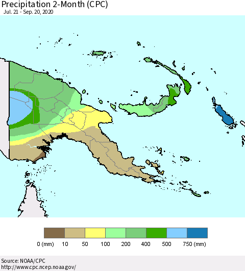 Papua New Guinea Precipitation 2-Month (CPC) Thematic Map For 7/21/2020 - 9/20/2020