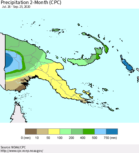 Papua New Guinea Precipitation 2-Month (CPC) Thematic Map For 7/26/2020 - 9/25/2020