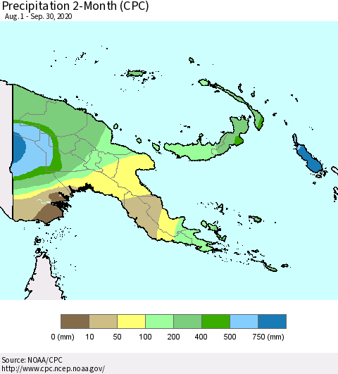 Papua New Guinea Precipitation 2-Month (CPC) Thematic Map For 8/1/2020 - 9/30/2020