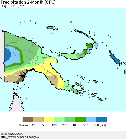 Papua New Guinea Precipitation 2-Month (CPC) Thematic Map For 8/6/2020 - 10/5/2020